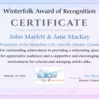 Moonshine Café owners receiving deserved honours from Winterfolk Festival