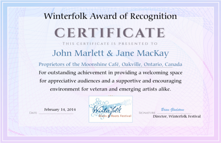 Moonshine Café owners receiving deserved honours from Winterfolk Festival